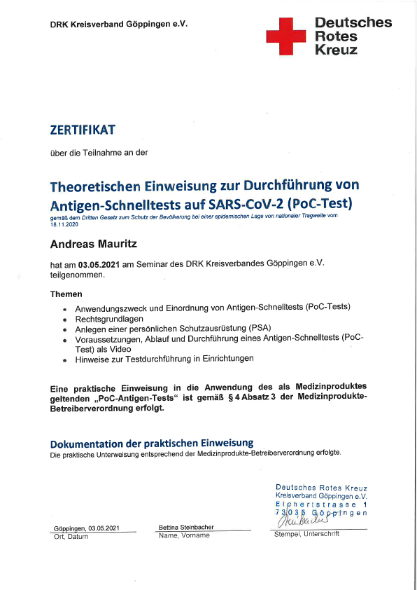 Zertifikat Antigen Schnelltest Corona Andreas Mauritz